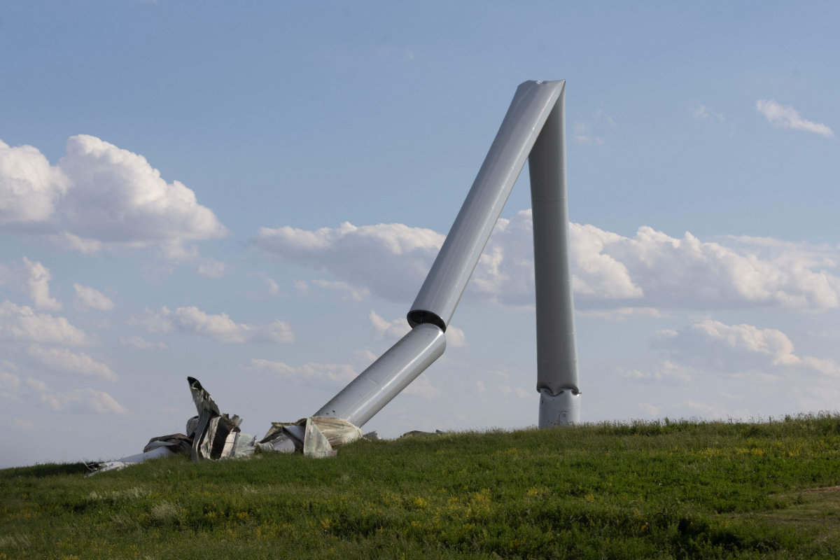 A wind turbine lies toppled in the aftermath of tornadoes which ripped through the area yesterday on May 22, 2024 near Prescott, Iowa. (Getty Images/AFP)