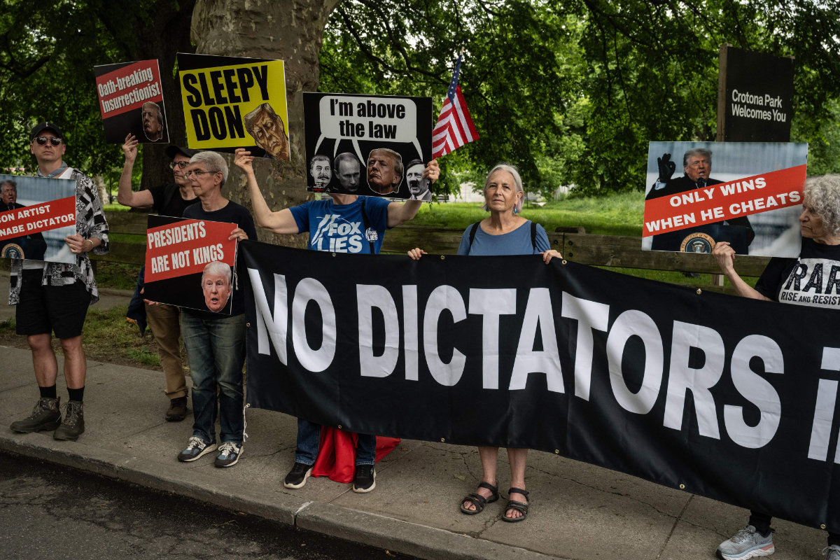 Protesters against Donald Trump gather near the Crotona Park rally venue on May 23, 2024 in the Bronx borough of New York City. Trump's visit to the deep blue borough of the Bronx is seen as a way to make inroads with Black and Hispanic voters. (Getty Images/AFP)