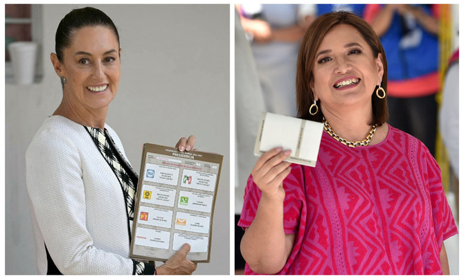 Presidential candidate Xochitl Galvez (L) of the Fuerza y Corazon por Mexico coalition party and Morena party candidate Claudia Sheinbaum. (AFP)