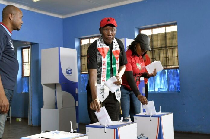Opposition Economic Freedom Fighters (EFF) leader Julius Malema, casts his vote at a polling station in Polokwane, South Africa, Wednesday, May 29, 2024. South Africans have begun voting in an election seen as their country's most important in 30 years, and one that could put their young democracy in unknown territory. (AP Photo)