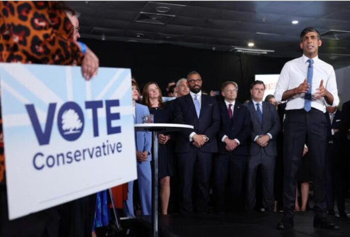 British Prime Minister Rishi Sunak attends a Conservative party rally, after he called for a general election, in London, Britain, May 22, 2024. REUTERS/Isabel Infantes