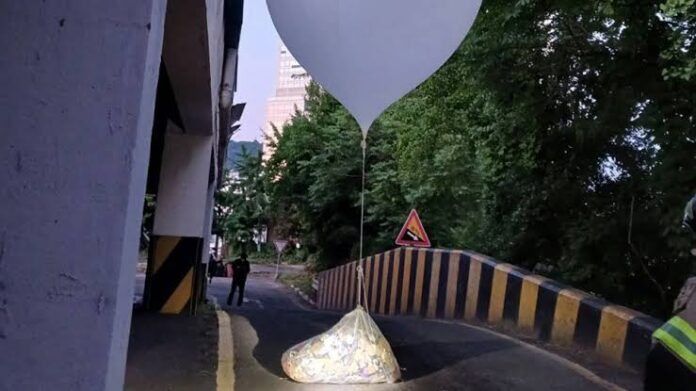 A balloon believed to have been sent by North Korea, carrying what appeared to be trash, seen in Incheon, South Korea, on June 2, 2024. - Yonhap News Agency via Reuters