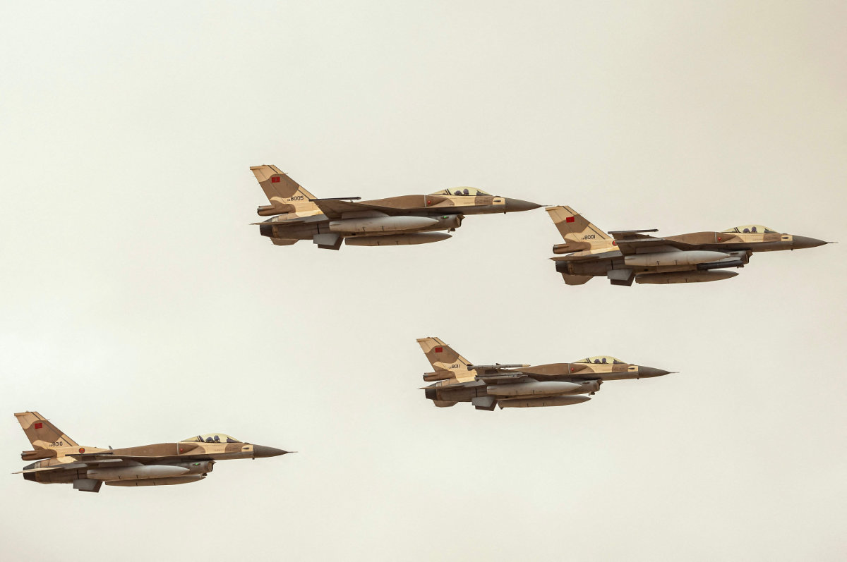 Moroccan F-16 fighter jets fly in formation during in the annual “African Lion” joint military exercise between US and Moroccan forces in the Tan-Tan region in southwestern Morocco on May 31, 2024. (AFP)