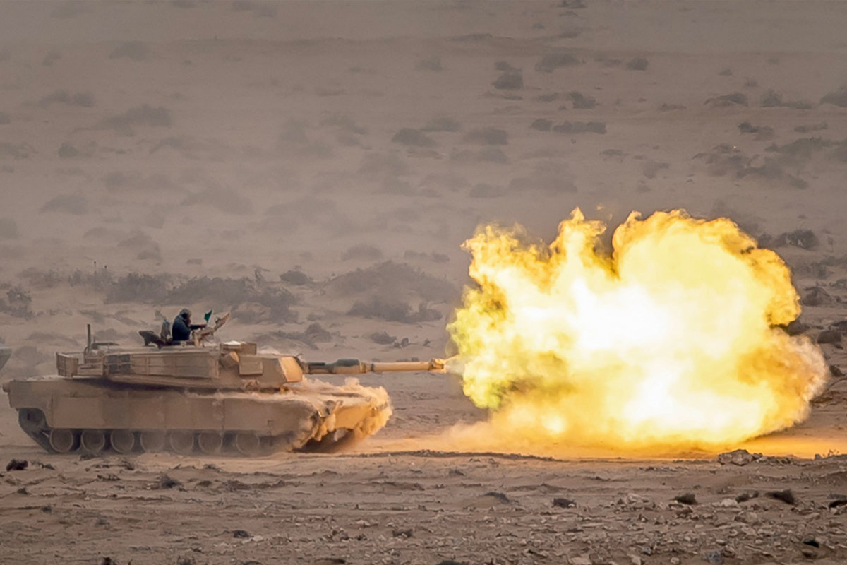 An Abrams tank fires a round during in the annual “African Lion” joint military exercise between US and Moroccan forces in southwestern Morocco on May 31, 2024. (AFP)