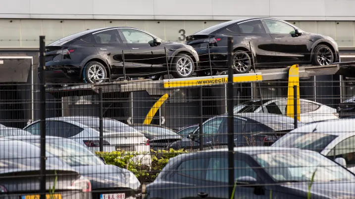 New Tesla vehicles are seen in front of the Tilburg Factory & Delivery Center in Tilburg.  Sebastian Gollnow | Picture Alliance | Getty Images