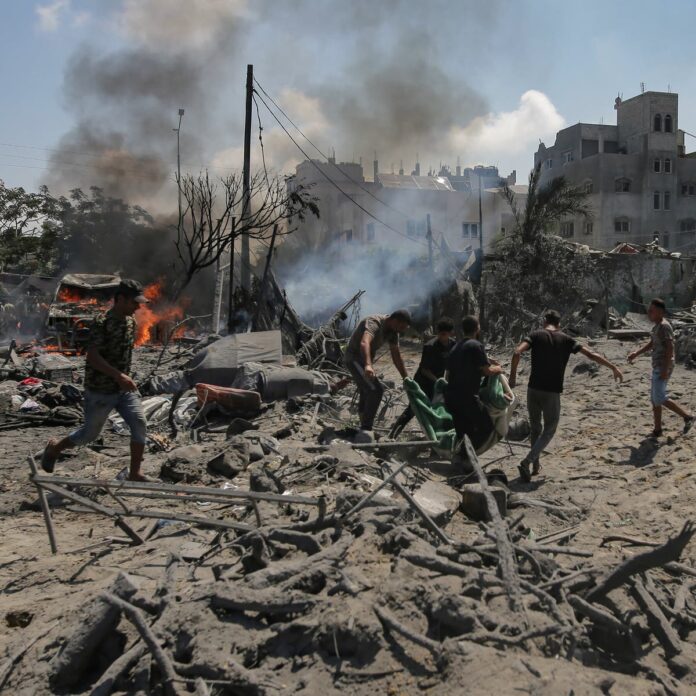 The strike, which the Israeli military says targeted a Hamas leader, took place in an area designated as a humanitarian zone.Credit...Haitham Imad/EPA, via Shutterstock