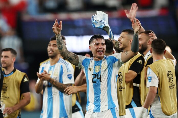 Argentina's Enzo Fernandez (C) celebrates with teammates after the Copa America 2024 semifinal match against Canada at the MetLife Stadium, East Rutherford, New Jersey, U.S., July 9, 2024. (Reuters Photo) BY DAILY SABAH WITH AGENCIES