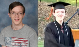 Combination image showing a screen grab from video of Thomas Matthew Crooks during the 2022 Bethel Park High School graduation rites in Bethel Park, Pennsylvania (right) and a still shot taken in 2021. (The Bethel Park School District via AP)