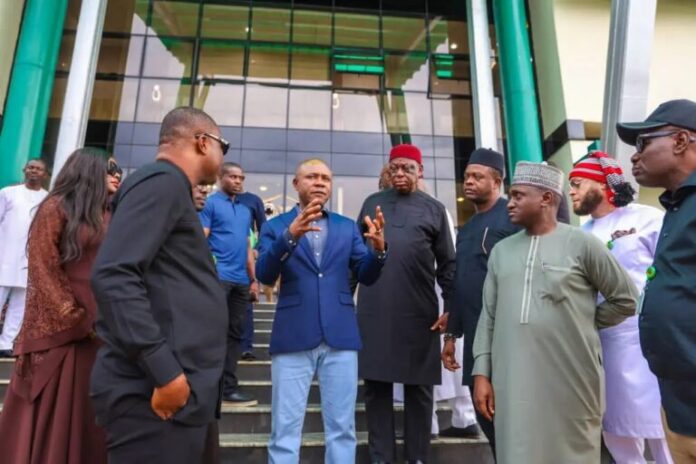 Gov Peter Mbah with members of the House of Representatives Committee on National Security and Intelligence who visited Enugu State yesterday on oversight function.