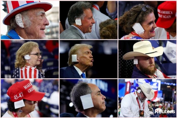 Republican Party Attendees of the Republican National Convention in Milwaukee, Wisconsin, wear bandages over their ears in tribute to Republican presidential nominee and former U.S. President Donald Trump, pictured in the middle, July 16, 2024 and July 17, 2024.