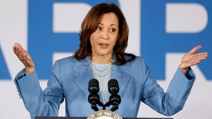 U.S. Vice President Kamala Harris speaks at a campaign rally on June 28, in Las Vegas. Many top Democratic circles have already moved to who Harris’ running mate would be following Joe Biden’s debate performance. (Bizuayehu Tesfaye / Las Vegas Review-Journal)