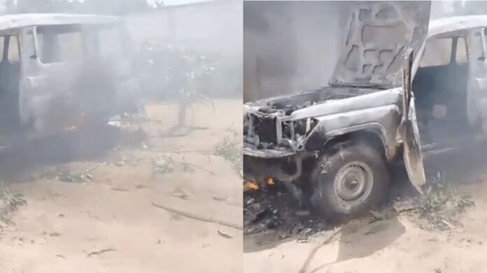 A vehicle razed by hoodlums in Yobe state during the #EndBadGovernance protests