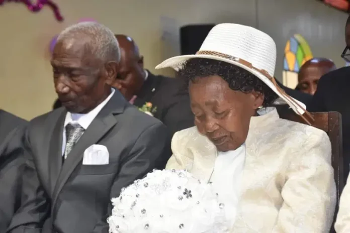 Image credit: Via Citizens Digital/Newlyweds Ibrahim Mbogo, 95, and his lover, Tabitha Wangui Mbogo, 90 after their white wedding on Sunday, August 18.