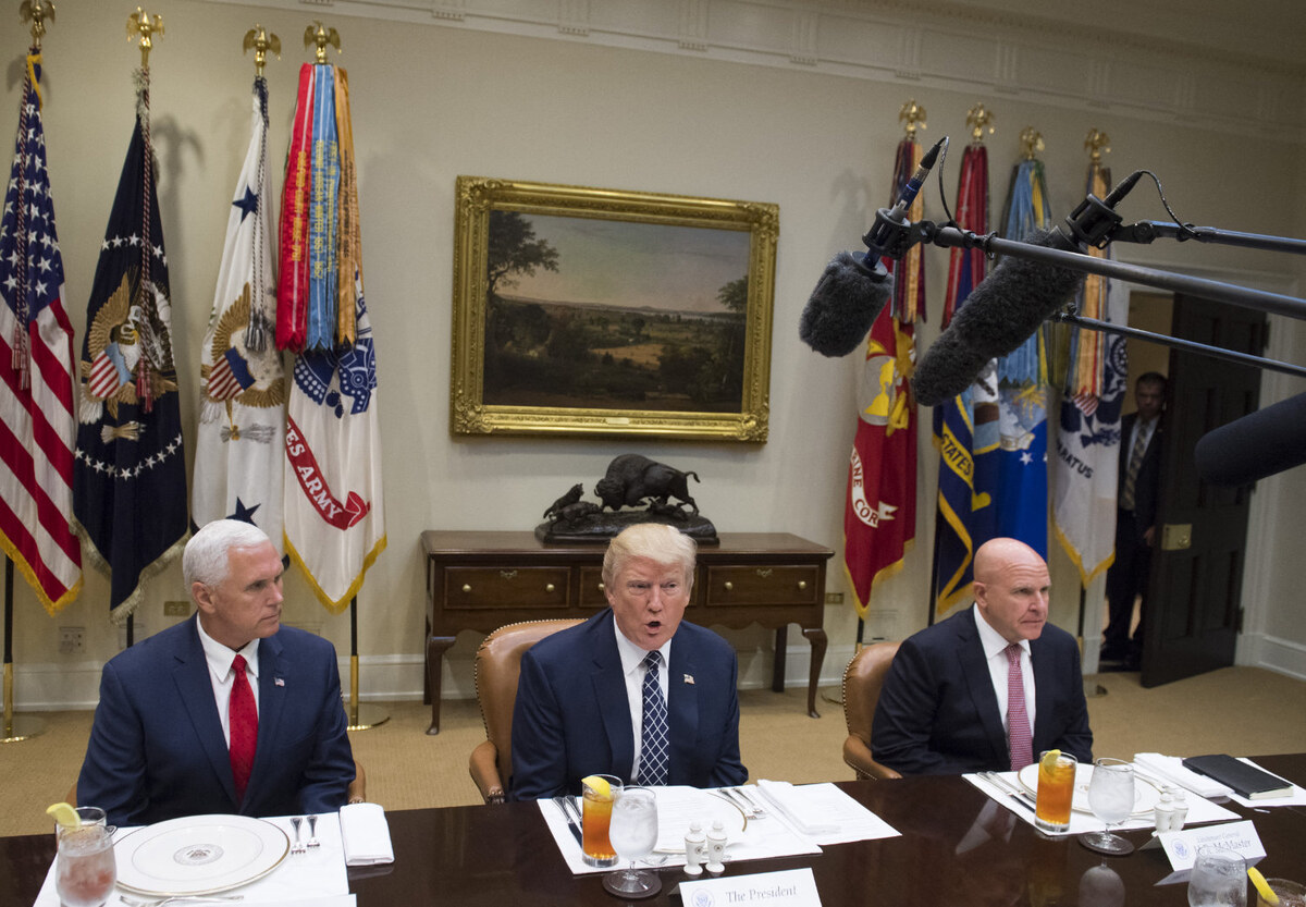 This photo taken on July 18, 2017, shows US President Donald Trump (C), US Vice President Mike Pence (L) and National Security Adviser H.R. McMaster (R) during a meeting with US military leaders at the White House in Washington, DC. (AFP/File)