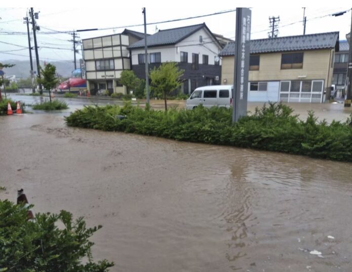] A general view of a flooded part of downtown, in Wajima, Ishikawa Prefecture, Japan in this photo taken by Kyodo on September 21, 2024. Mandatory credit Kyodo/via REUTERS