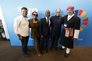 (L-R) Bryant Wood, Kat Graham, Stan O. Smith, Kunal Sood and Poonacha Machaiah attend We The Planet UNGA 100 Disruptors event at United Nations on September 21, 2024 in New York City. (Getty Images via AFP)