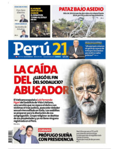 Front page of the Lima-based Spanish-language newspaper Peru 21 featuring the expulsion of Solidatium founder Luis Figari from the Roman Catholic church. The main story says, "The fall of the abuser". (X: @valienteslatam)