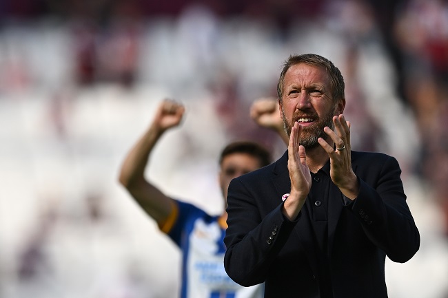 (FILES) In this file photo taken on August 21, 2022, ex-Brighton’s English manager Graham Potter celebrates at the end of the English Premier League football match between West Ham United and Brighton at the London Stadium, in London. (Photo by Ben Stansall / AFP) /