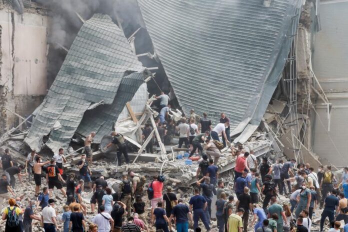 Rescuers work at Ohmatdyt Children's Hospital, which was damaged during Russian missile strikes, amid Russia's attack on Ukraine, in Kyiv, Ukraine, on July 8, 2024. GLEB GARANICH / REUTERS