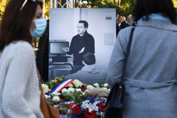A tribute to French teacher Samuel Paty in Eragny-sur-Oise, northwestern Paris in 2021.Alain Jocard / AFP - Getty Images file