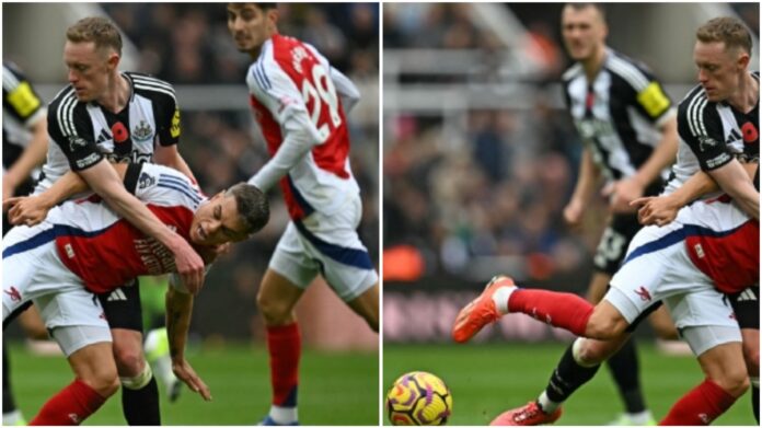Newcastle United’s English midfielder #36 Sean Longstaff fights for the ball with Arsenal’s Belgian midfielder #19 Leandro Trossard during the English Premier League football match between Newcastle United and Arsenal at St James’ Park in Newcastle-upon-Tyne, north east England on November 2, 2024. (Photo by Paul ELLIS / AFP)