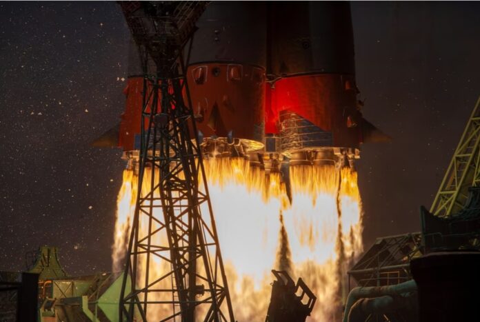 A Soyuz-2.1b rocket booster with the Iranian satellite 