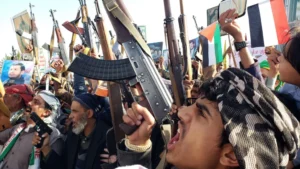 Houthi supporters took part in a protest against Israel and the US in Sanaa on Friday