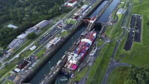 A cargo ship traverses the Agua Clara Locks of the Panama Canal in Colon, Panama, September 2, 2024. [AP Photo/Matias Delacroix]
