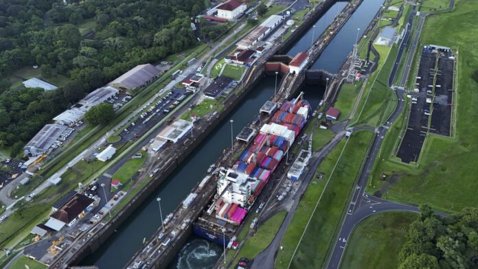 A cargo ship traverses the Agua Clara Locks of the Panama Canal in Colon, Panama, September 2, 2024. [AP Photo/Matias Delacroix]