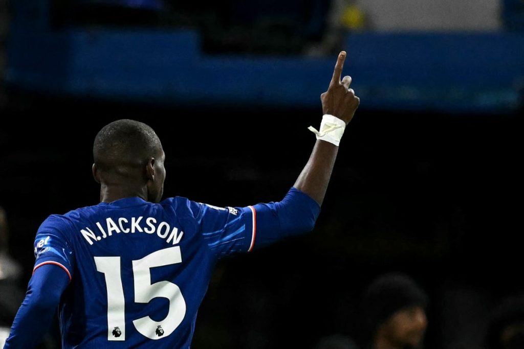 Chelsea’s Senegalese striker #15 Nicolas Jackson celebrates scoring the team’s second goal during the English Premier League football match between Chelsea and Brentford at Stamford Bridge in London on December 15, 2024. (Photo by Ben STANSALL / AFP) /