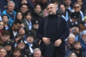 Manchester City’s Spanish manager Pep Guardiola gestures on the touchline during the English Premier League football match between Manchester City and Everton at the Etihad Stadium in Manchester, north west England, on December 26, 2024. (Photo by Darren Staples / AFP)