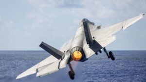PHILIPPINE SEA (May. 13, 2022) An F-35C Lightning II assigned to the “Black Knights” of Marine Fighter Attack Squadron (VMFA) 314 launches from the Nimitz-class aircraft carrier USS Abraham Lincoln (CVN 72). The Abraham Lincoln Carrier Strike Group is on a scheduled deployment in the U.S. 7th Fleet area of operations to enhance interoperability through alliances and partnerships while serving as a ready-response force in support of a free and open Indo-Pacific region. (U.S. Navy photo by Mass Communication Specialist 3rd Class Michael Singley) 220513-N-MM912-1002