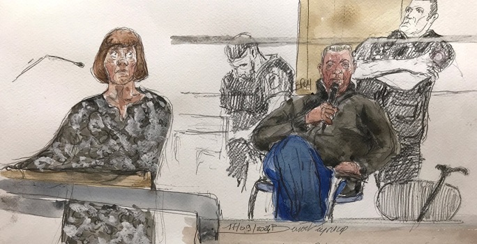(FILES) This court sketch created on September 17, 2024, shows defendant Dominique Pelicot (2R) during his trial in which he is accused of drugging his wife, Gisele Pelicot (L), so that he and scores of strangers could rape her at their home in Mazan, a small town in the south of France, at the courthouse of Avignon in Avignon. (Photo by Benoit PEYRUCQ / AFP)