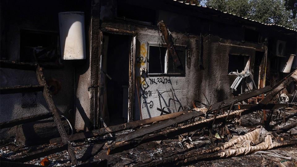 Debris of a home that was devastated during a fight in Kibbutz Nir Oz, Israel.