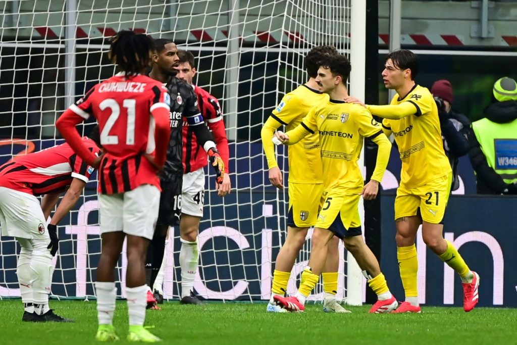 Parma’s Italian defender #15 Enrico Delprato celebrates after scoring the team’s second goal during the Italian Serie A football match between AC Milan and Parma at the San Siro Stadium in Milan, on January 26, 2025. (Photo by Piero CRUCIATTI / AFP)