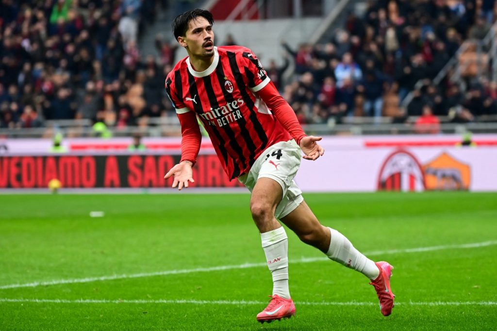 AC Milan’s Dutch midfielder #14 Tijani Reijnders celebrates after scoring his team’s second goal during the Italian Serie A football match between AC Milan and Parma at the San Siro Stadium in Milan, Italy on January 26, 2025. (Photo by Piero CRUCIATTI / AFP)