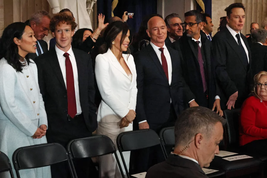 (L-R) Priscilla Chan, Meta founder Mark Zuckerberg, Lauren Sanchez, Amazon founder Jeff Bezos, Google CEO Sundar Pichai and Tesla CEO Elon Musk attend the inauguration. Chip Somodevilla/Getty Images