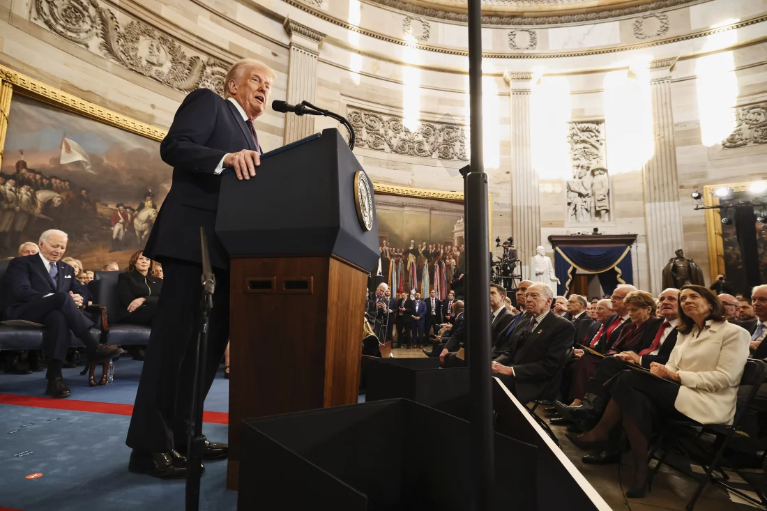 President Donald Trump speaks during the 60th Presidential Inauguration on Monday. Chip Somodevilla/Getty Images