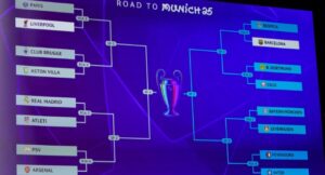A photo shows a screen displaying the results of the draw for the round of 16 of the 2024-2025 UEFA Champions League football tournament at the House of European Football in Nyon, on February 21, 2025. (Photo by Valentin Flauraud / AFP)