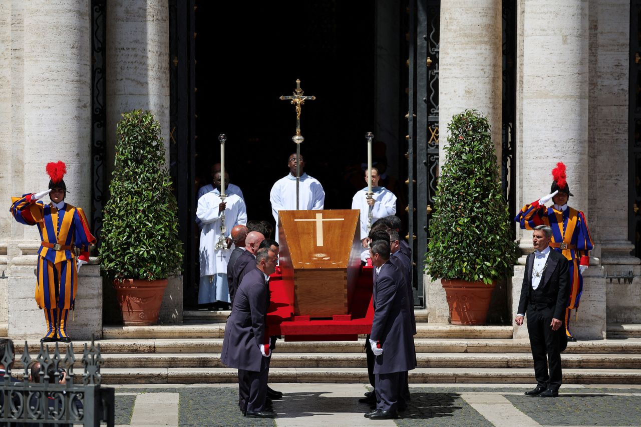 Pallbearers carry the coffin of Pope Francis, at the Papal Basilica of Santa Maria Maggiore during his funeral.   Claudia Greco/Reuters