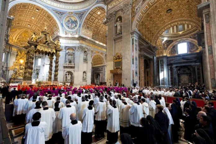 Pope Francis's coffin is transferred to St Peter's Basilica for three days of lying in state, in Vatican City. Photograph: Massimo Percossi/EPA