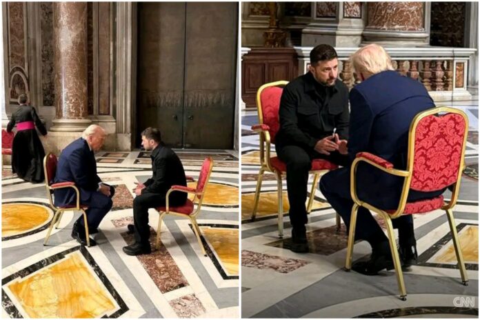 Zelensky and Trump meet inside St. Peter's Basilica ahead of Pope Francis' funeral at the Vatican on Saturday.  Ukrainian Presidency (Grid by ANN)