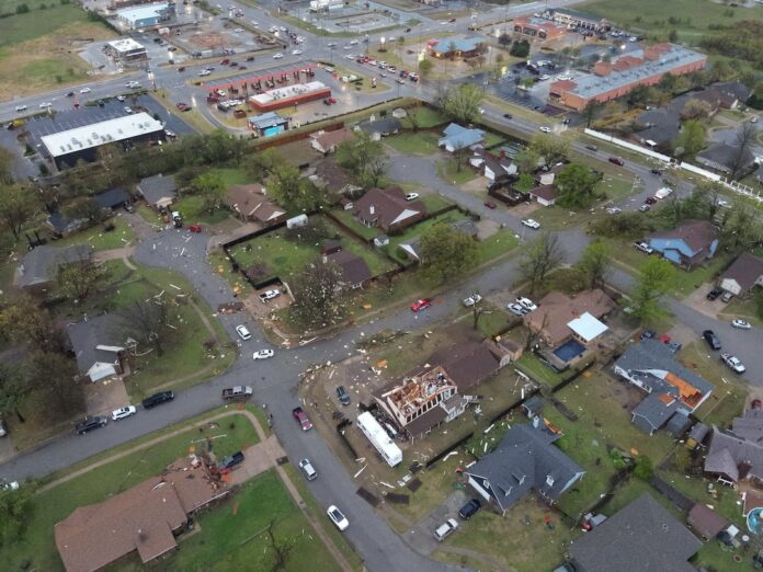 An aerial view of damages in the aftermath of a storm in Owasso, Oklahoma, U.S. April 2, 2025. Cherokee Nation Marshal Service/Handout via REUTERS/File Photo