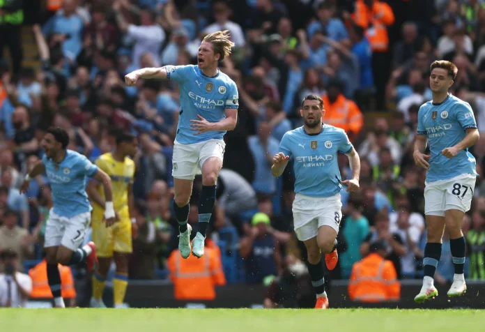 Soccer Football - Premier League - Manchester City v Crystal Palace - Etihad Stadium, Manchester, Britain - April 12, 2025 Manchester City's Kevin De Bruyne celebrates scoring their first goal Action Images via Reuters/Lee Smith 
