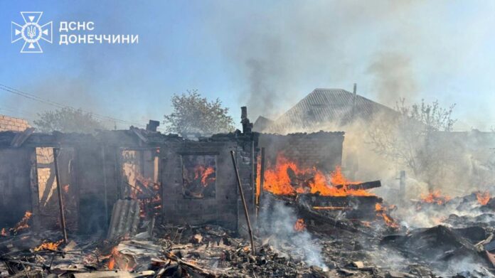 Credit: (Ukrainian Emergency Service via AP) Damaged private houses burn following Russia's air raid in the Donetsk region, Ukraine, Monday, April 28, 2025