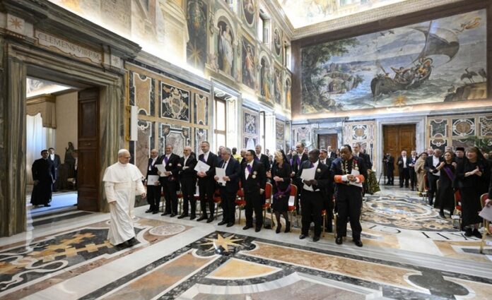 Pope Leo XIV meets members of the Diplomatic Corps accredited to the Holy See in the Clementine Hall on Friday