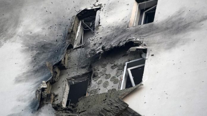 This picture shows a damaged apartment building in a residential complex following a drone attack in the village of Sapronovo in the Moscow region on March 11, 2025.Tatyana Makeyeva/AFP via Getty Images
