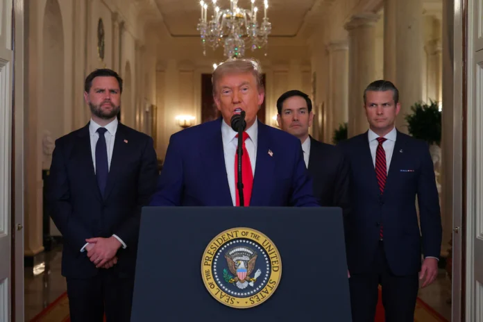 U.S. President Donald Trump delivers an address to the nation alongside U.S. Vice President JD Vance, U.S. Secretary of State Marco Rubio and U.S. Defense Secretary Pete Hegseth at the White House in Washington, D.C., U.S. June 21, 2025, following U.S. strikes on Iran's nuclear facilities. REUTERS/Carlos Barria/Pool 