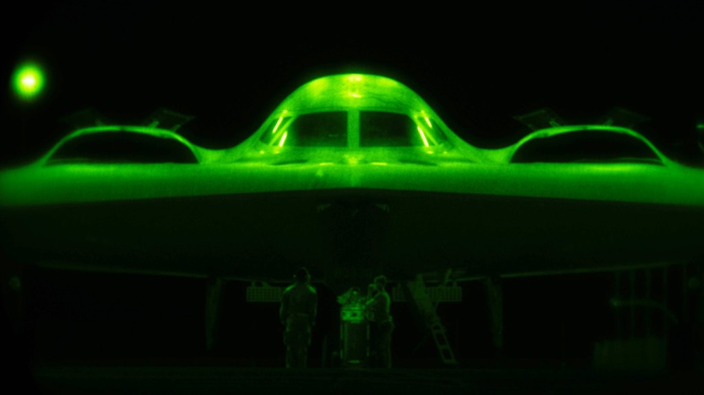A U.S. Air Force B-2 Spirit is prepared for operations ahead of Operation MIDNIGHT HAMMER at Whiteman Air Force Base, Missouri, June 2025. 509th Bomb Wing