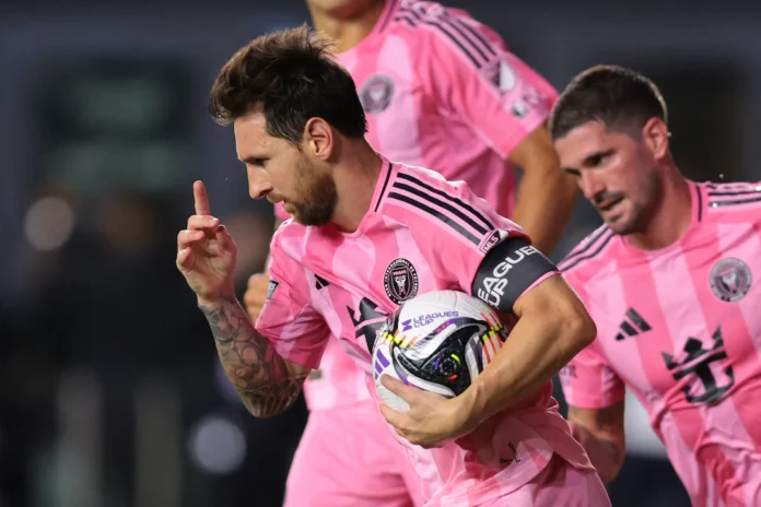 Aug 27, 2025; Fort Lauderdale, Florida, USA; Inter Miami CF forward Lionel Messi (10) celebrates after scoring against Orlando City during the second half at Chase Stadium. Mandatory Credit: Sam Navarro-Imagn Images 